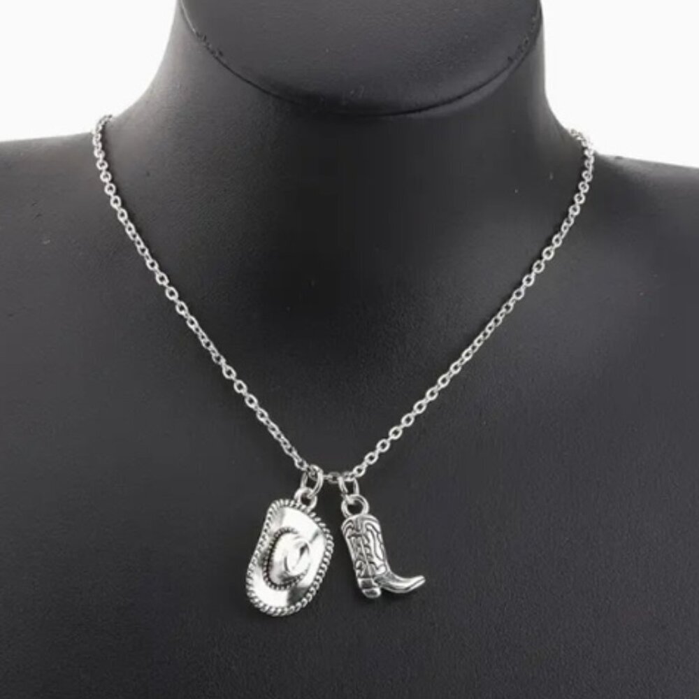 Silver Electro-Plated Cowboy Hat & Boots Pendant Necklace - Picture 2 of 4